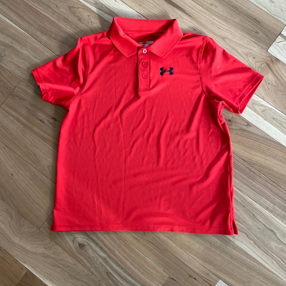 Under Armour. collared, short sleeve, red shirt, YXL